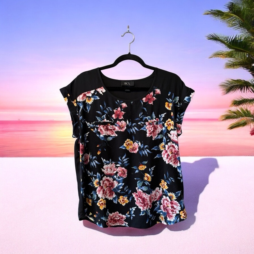 BCX Black Top with Pink & Burgundy Floral Print